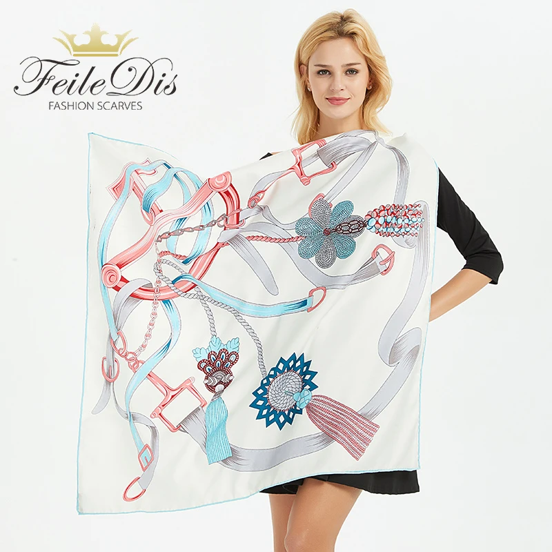 

[FEILEDIS]High quality silk ladies scarf Large Square Scarves New Female Elegant Large Silk Scarf Fashion Ladies Accessories 127