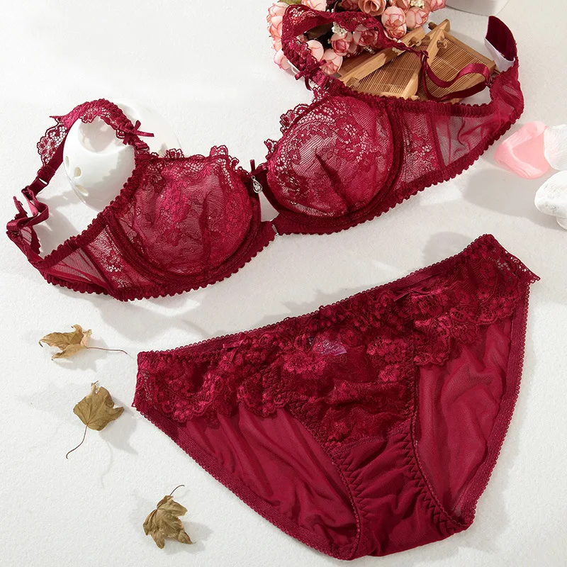Deep V Push Up Victoria Underwear Solid Color Lace Sexy Bra Brief Set Lingerie Woman Transparent and breathable Women | Женская одежда