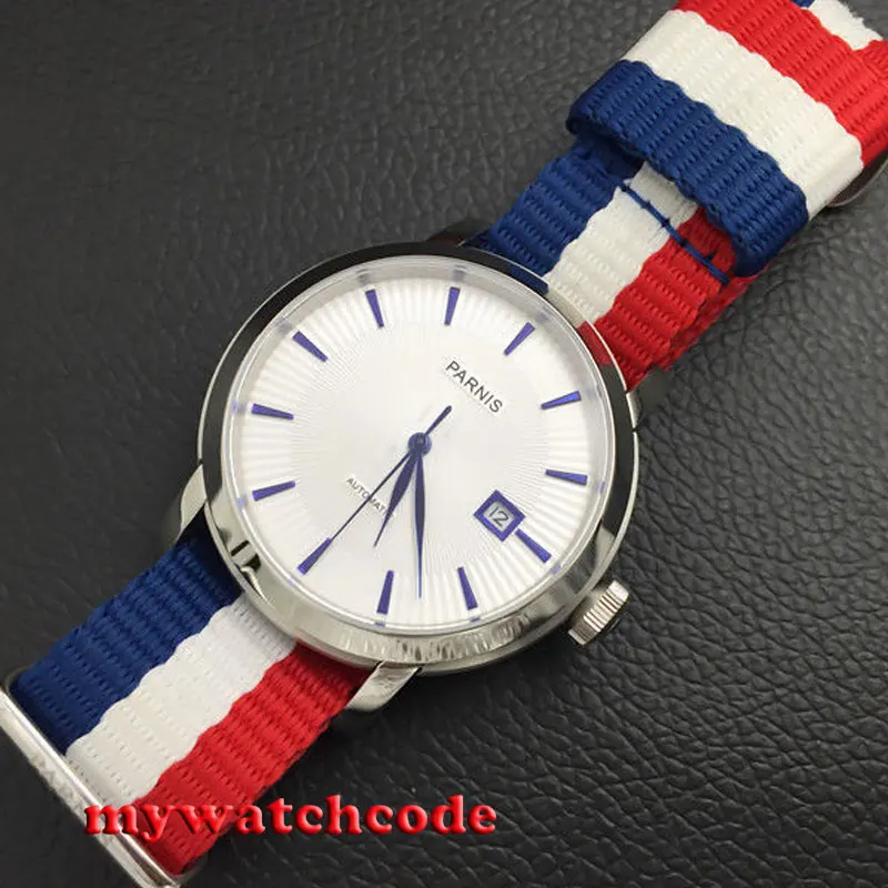 Мужские автоматические часы Parnis 41 мм с белым циферблатом синими марками дата