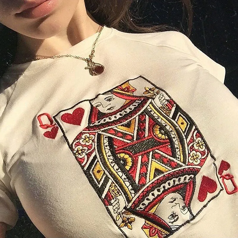 Повседневная забавная футболка с вышивкой в виде карты покера Летняя короткая