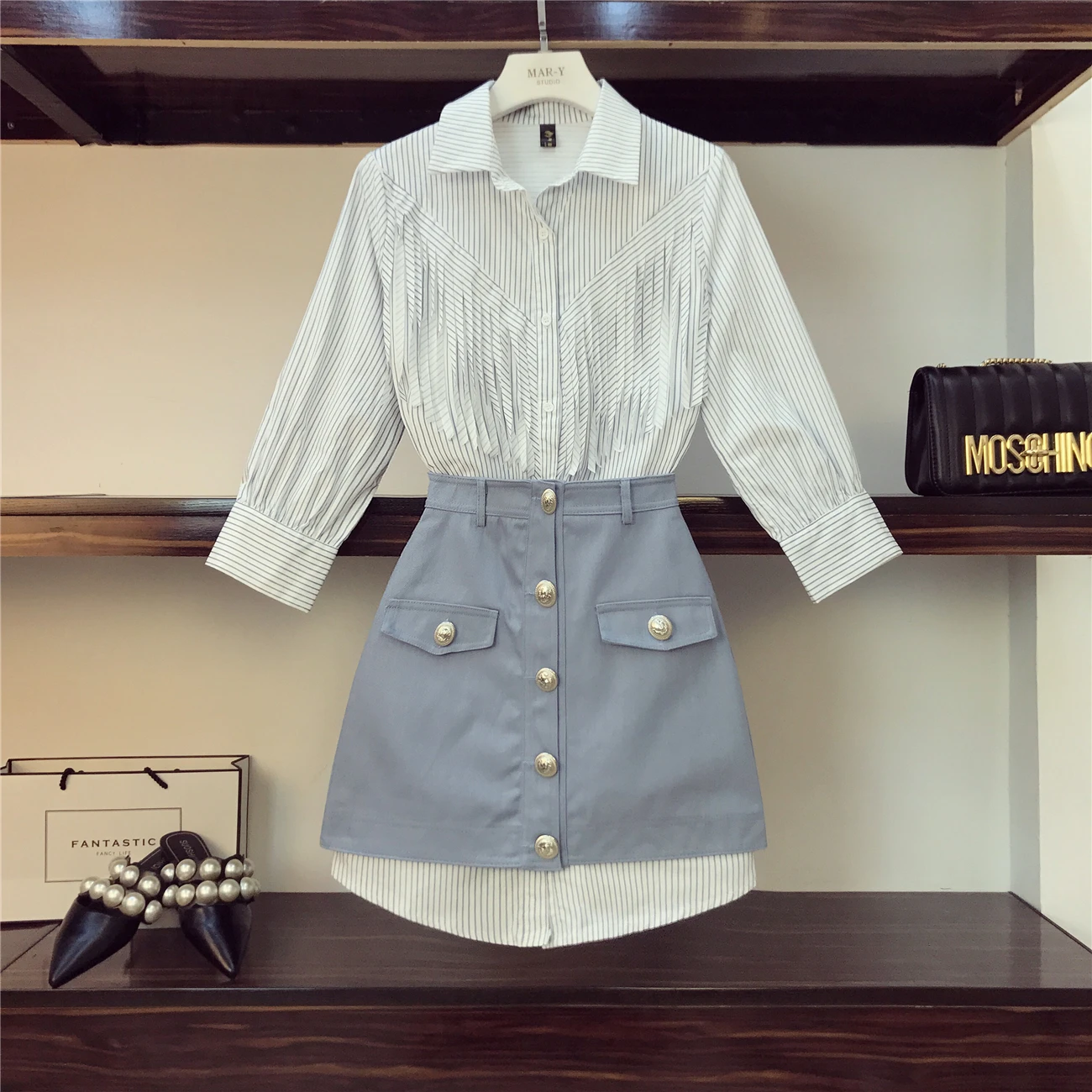 ALPHALMODA, новое модное платье-рубашка с бахромой+ джинсовая юбка, комплект из 2 предметов, высокая талия, трапециевидная юбка на пуговицах, Модный женский комплект из 2 предметов
