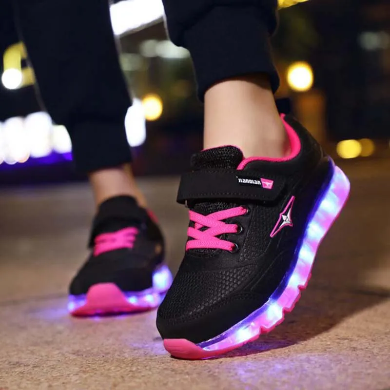 Children's LED shoes boys USB charging Genuine leather girls sneaker casual kids glowing women Euro size 25-37 | Детская одежда и