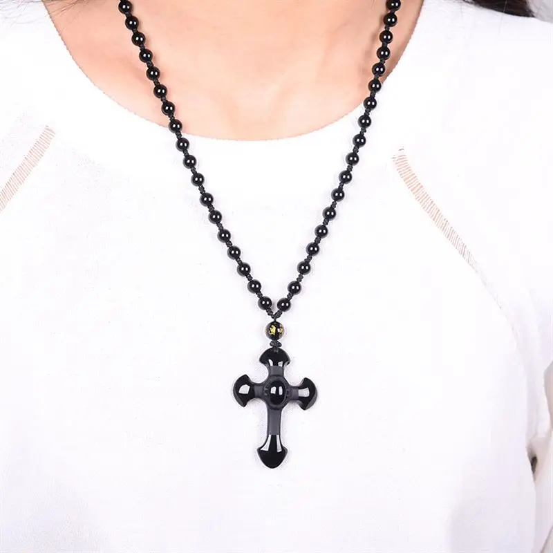 Подвеска-крест из натурального черного обсидиана ручной работы для изготовления