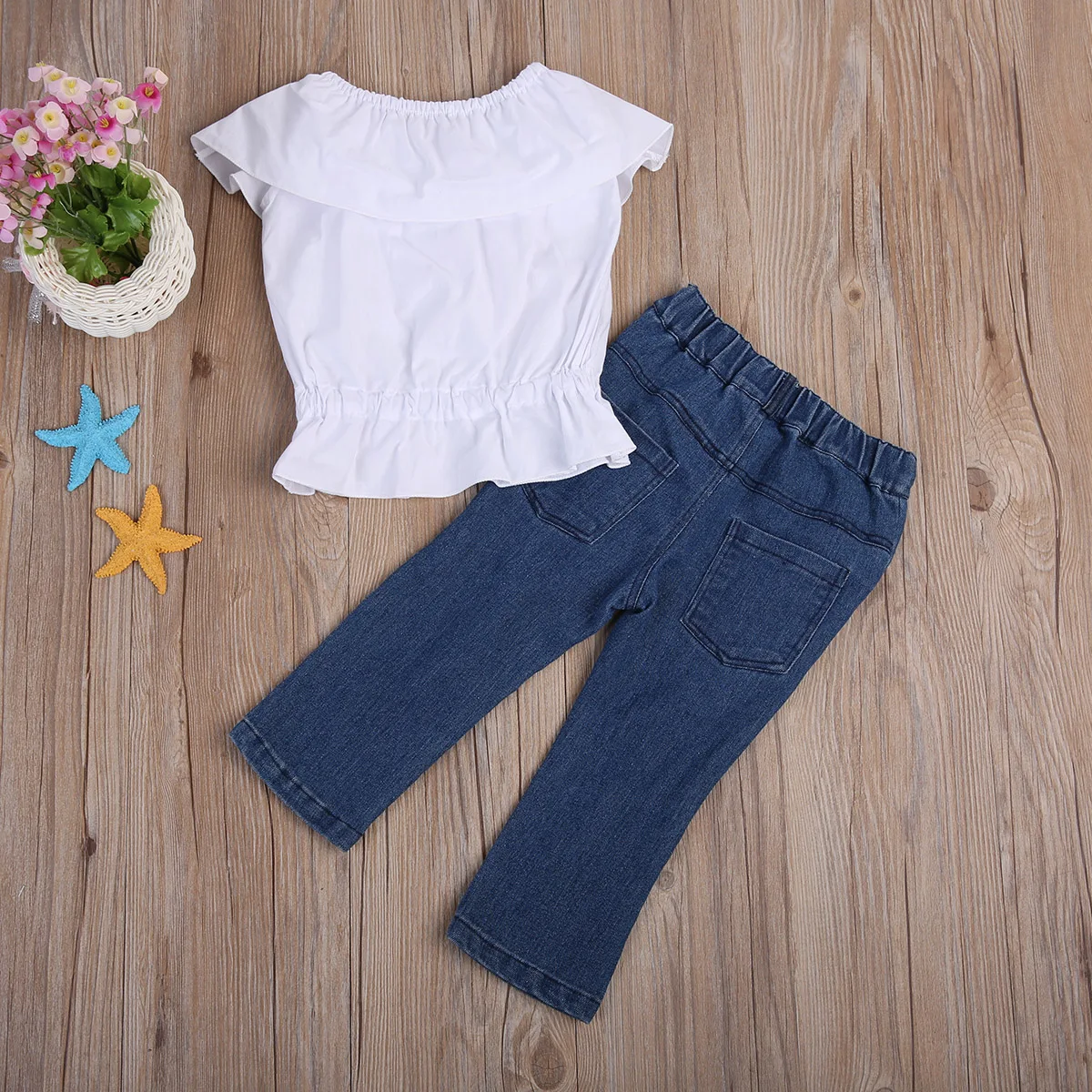 Baby Girl Kids Cute Ruffles Sleeve Summer Crop Tops Tank Top T-shirt Clothes+Jeans Pants 2pcs Outfit Set | Детская одежда и обувь