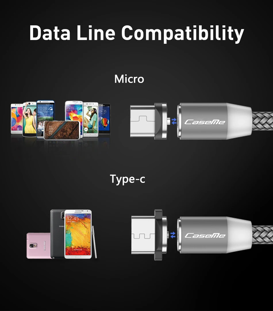 CaseMe светодиодный магнитный кабель для Micro usb type-C, крепкий кабель для iPhone X, Xr, Xs Max, 1 м, магнитный кабель для быстрой зарядки, кабели для зарядки