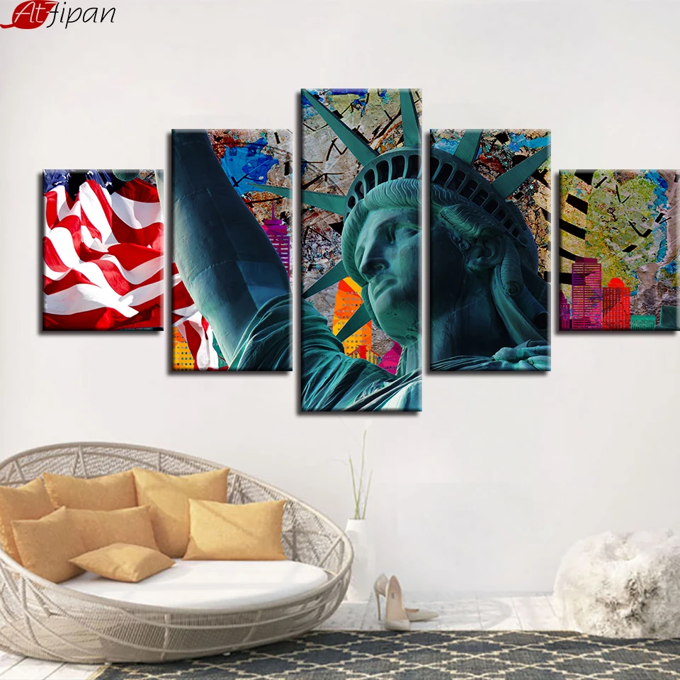 

Home Decor For Living Room Wall Art HD Printing 5 Pieces Statue Of Liberty Paintings Poster Modular Frame Canvas Pictures Modern