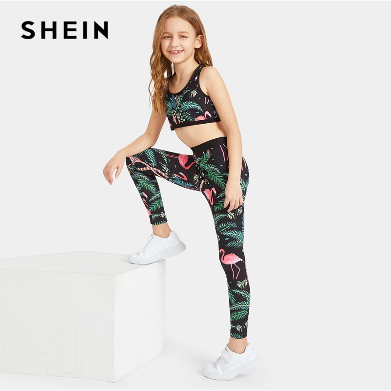SHEIN/комплект детской одежды для маленьких девочек с растительным принтом; топ и леггинсы с эластичной резинкой на талии; коллекция года; летняя одежда без рукавов для активного отдыха; комплект одежды