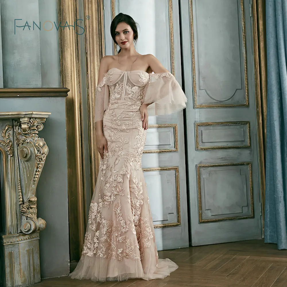 Румяна Розовое Кружево Вечерние Платья Съемные Рукава Партии Длинные Vestido De Festa