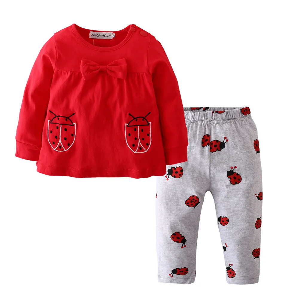Фото Модный комплект одежды для маленьких девочек хлопковые красные топы с длинными