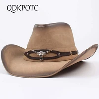 qdkpotc top quality western cowboy hats men women fashion headwear cap faux leather metal decoration wide brim hat visor cap