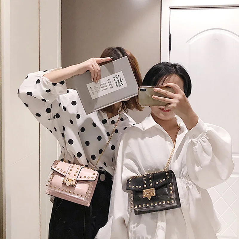 

Women Messenger Bags 2019 Summer New Fashion Rivet Shoulder Bag Wild Fashion Sac Transparent Femme Chain Messenger Bag DG427