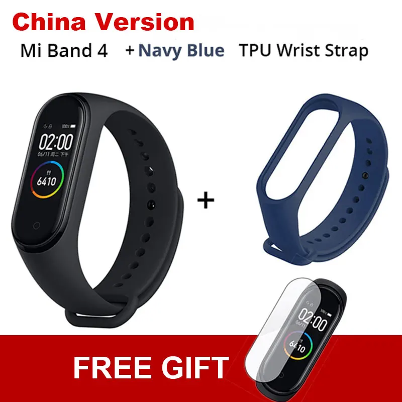 CN add Navy Blue TPU Новинка, Xiaomi mi-браслет 4 с цветным смарт-экраном, браслет для фитнеса, сердечного ритма, 135 мА/ч, Bluetooth 5,0, 50 м, для плавания, mi ng, водонепроницаемый - Цвет: CN add Navy Blue TPU