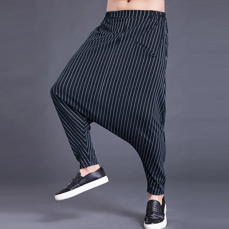 INCERUN Autumn Mens Harem Pants Elastic Waist Stripe Pockets Casual Loose Drop Crotch Trousers Men Streetwear Hip-hop Pants