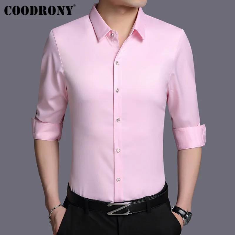 Розовый COODRONY, мужская рубашка, осенняя, с длинным рукавом, деловая, хлопковая, Классическая, одноцветная, приталенная, размера плюс, повседневные рубашки 96001 - Цвет: Розовый