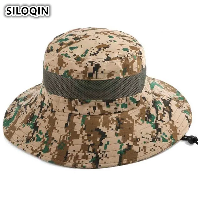 

SILOQIN Men's Big Brim Camouflage Bucket Hat 2019 New Summer Fashion Casual Fishing Cap Wind Rope Fixed Brand Beach Hats For Men