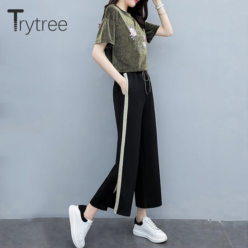 Trytree/летний женский комплект из двух предметов повседневный блестящий топ с