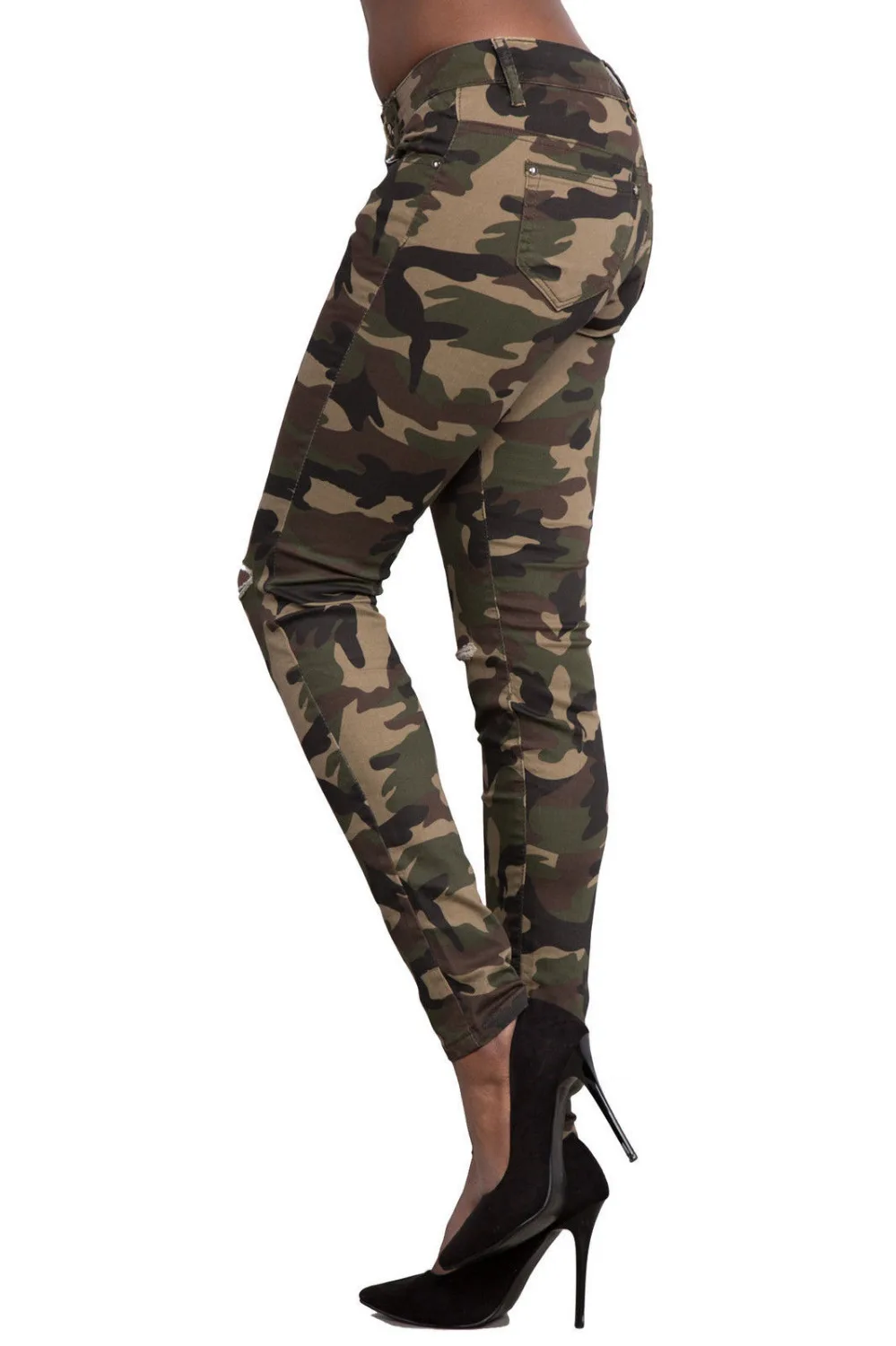

Fashion Camouflage Dog Embroidery Pocket Pencil Jeans Women High Wasit Knee Hole Denim Pencil Pants E241
