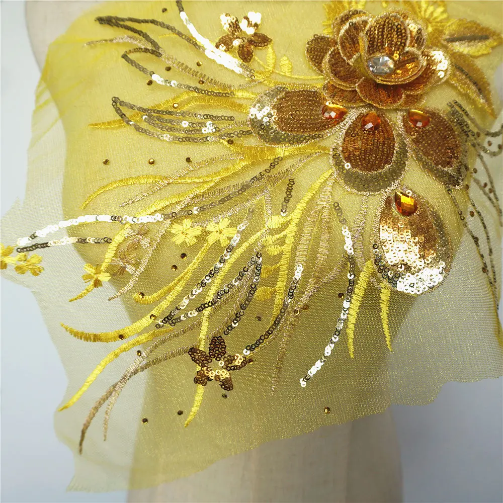 Желтое золото блестки 3D цветы кисточка кружевная отделка стразы сетка шитые