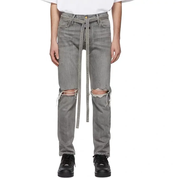 

Kanye West Distressed Slim Belted Jeans Grey fog jeans with ribbon Men Ankle zips Knee Holes Biker Streetwear PANTS
