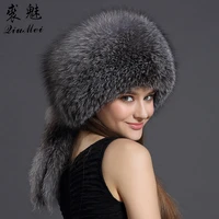 real fox fur winter hats bombers for women winter luxury trapper hat caps russian genuine fox fur with rabbit fur top hat bomber