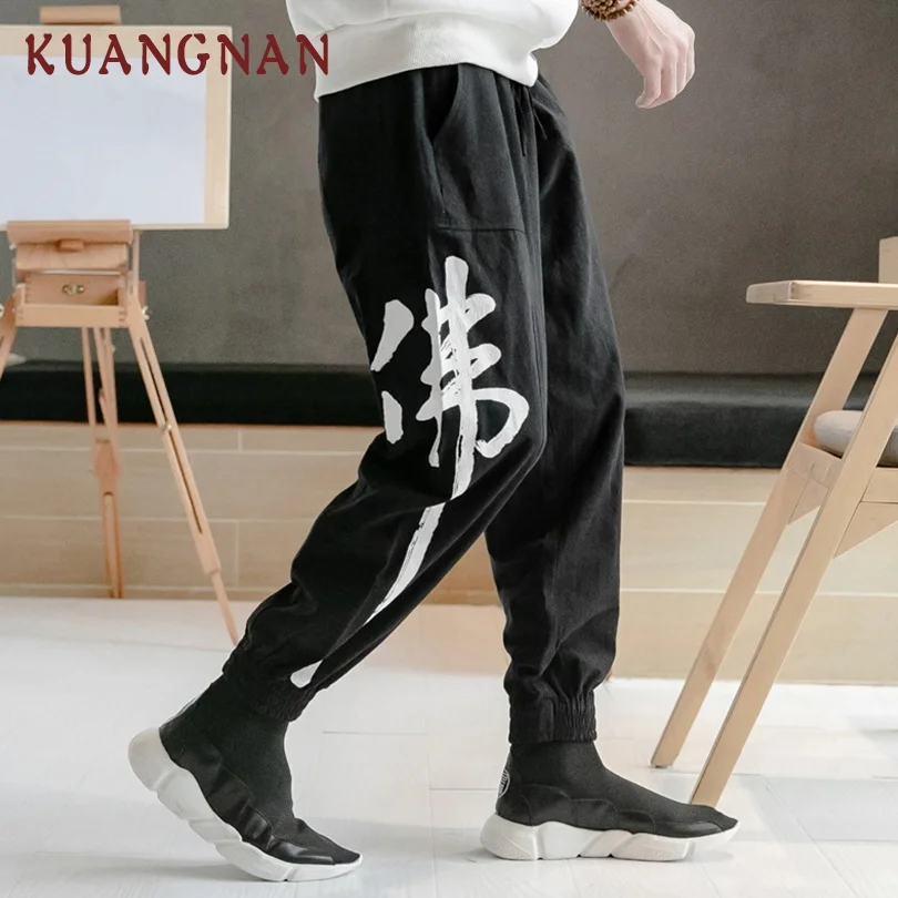 Black KUANGNAN/Хлопковые льняные брюки с принтом китайского Будды, Мужские штаны для бега, уличная одежда для бега, Мужские штаны в стиле хип-хоп, мужские брюки, весна - Цвет: Black