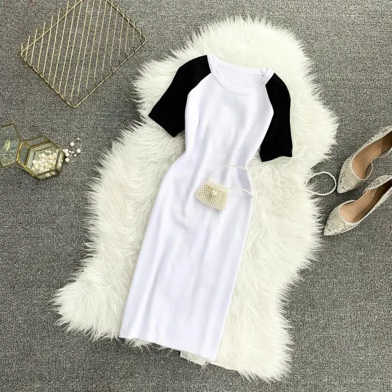 

2019 Summer Women's Brief Patchwork Sleeve Knitted Pullover Dress Short-sleeved Slim Ladies Stretchy Sheath Vestidos