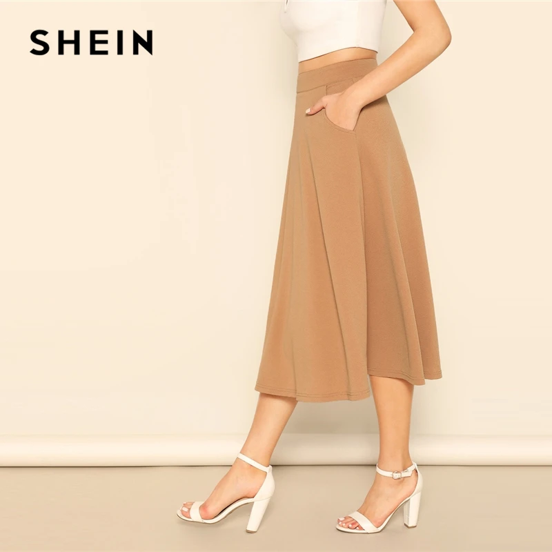 SHEIN Юбка С Высокой Талией И Карманами, Элегантная Повседневная Юбка В Стиле Кэжуал