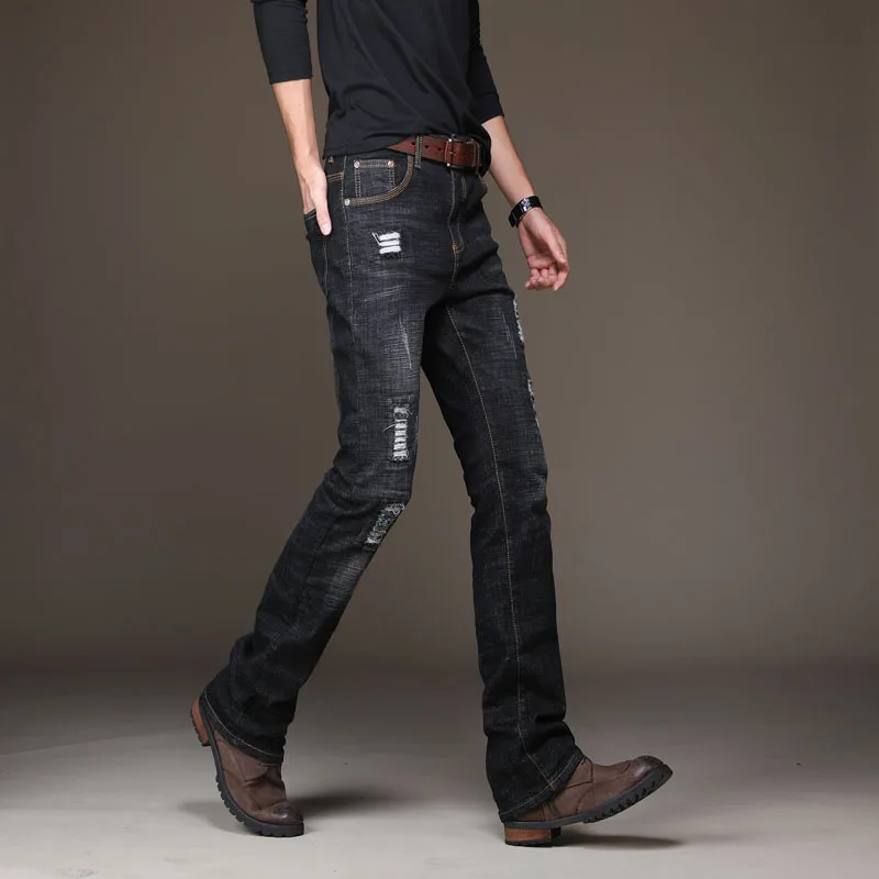 Мужские джинсы bootcut синие расклешенные рваные джинсы для мужчин тонкие Стрейчевые расклешенные джинсы