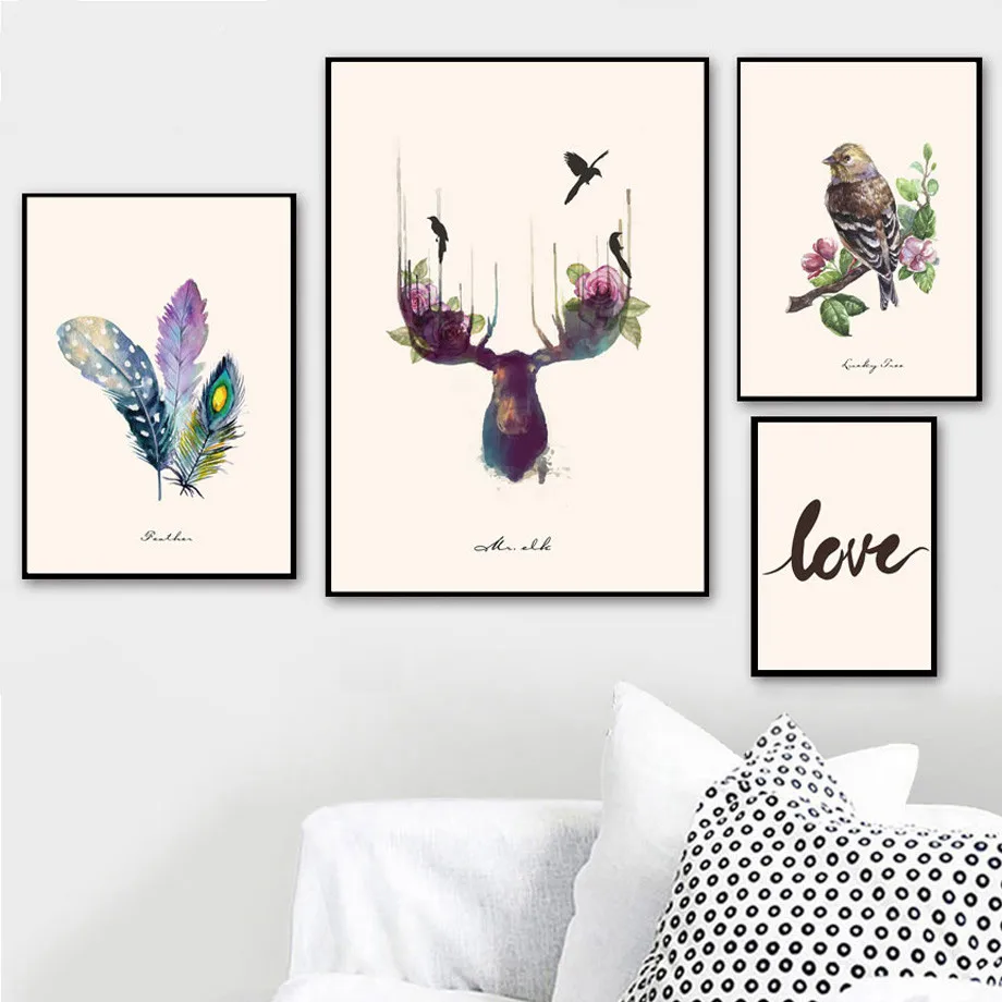 Gohipang красочные перья Moose олень Птица лист любовь настенная живопись холст