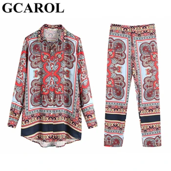 Totem Floral GCAROL осень женские наборы тотем цветочный Длинная блузка по щиколотку винтажная уличная одежда 2 шт наряды F/W - Цвет: Totem Floral