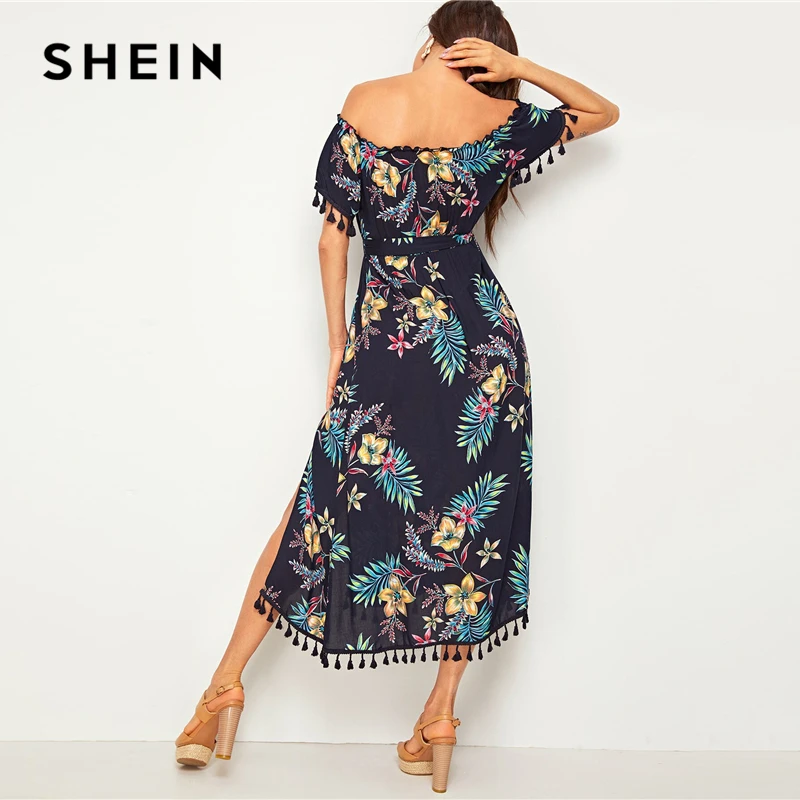 SHEIN темно-синее платье с тропическим принтом и кисточками, с разрезом, с поясом, с открытыми плечами, женское летнее платье с высокой талией, Boho, длинные платья