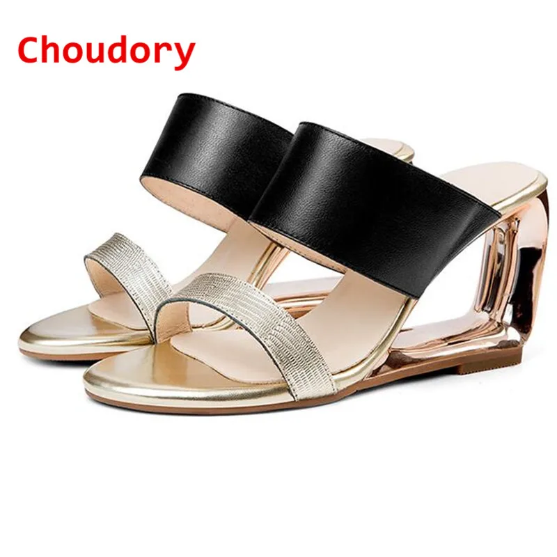 Choudory скольжения на туфли женщина летние новые высокие каблуки клинья slip on flips