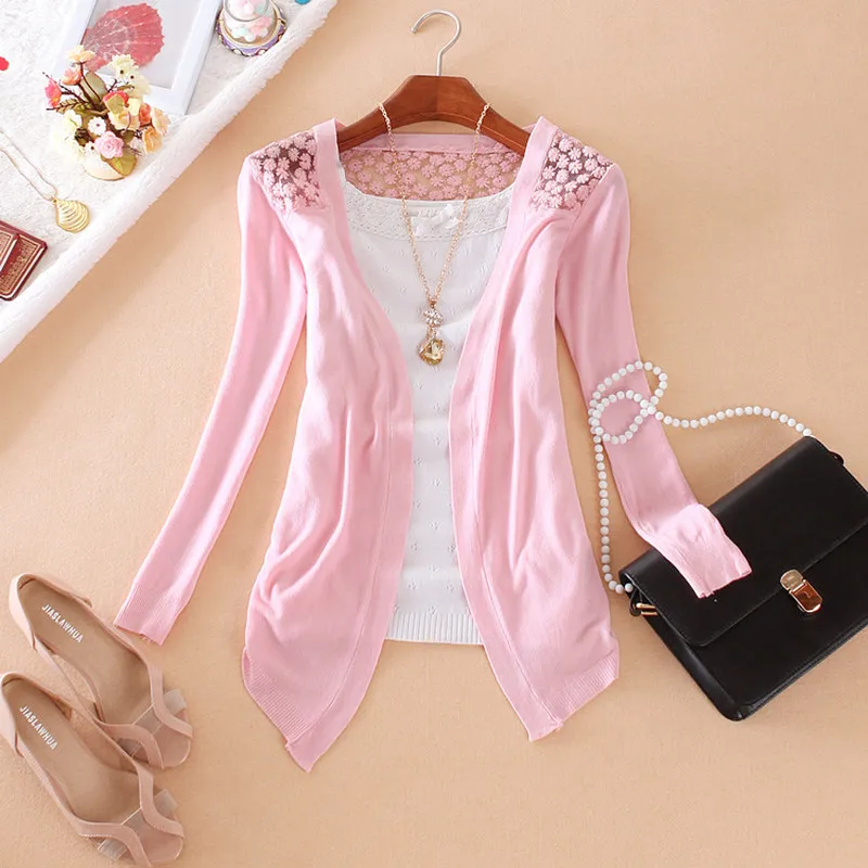 

Women Candy Color Irregular Hem Long Sleeve Slim Thin Lace Hollow Out jacket Women Knitted Cardigan Sweater Tops Sun shirt