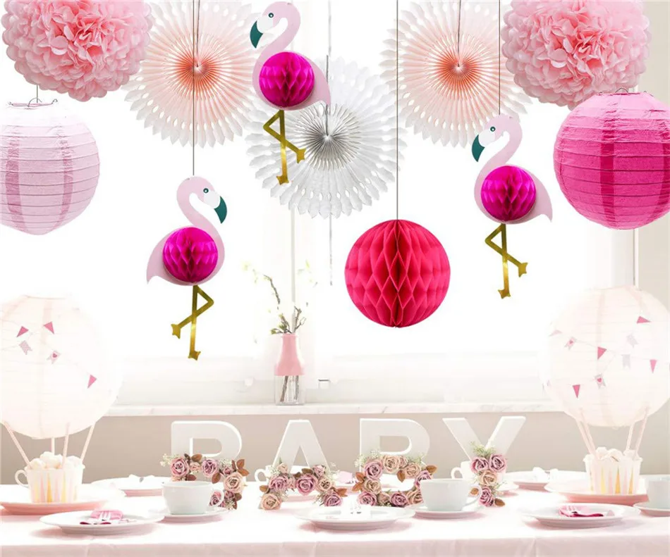 VOGVIGO 11Pcs Pink Flamingo Party Honeycomb DecorationTissue Paper Flowers Paper Fans for Girl Birthday Party Decoration