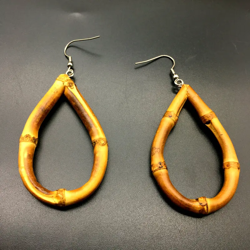 Модные серьги из натурального бамбука с капельками воды большие естественного