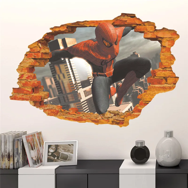 Cartoon 3d Effect Broken Brick Spiderman Wall Sticker For Kids Rooms Children's Decals Boy's Room Decor Mural Poster gift | Дом и сад