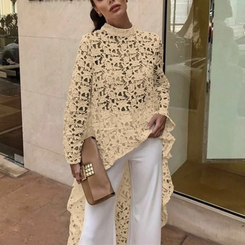 2019 Sexy Beach Blouse Summer O-Neck Bikini Smock Crochet Hollow Out Knitted Irregular Tops White Female Shirt Transparent | Женская