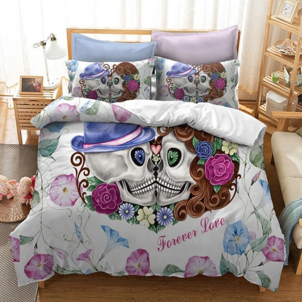 

3PCS Motorcycle Beauty Skull Bedding Sets Bohemian Duvet Cover Pillowcase Twin Full Queen King Size Bedclothes Best Gift Bedline