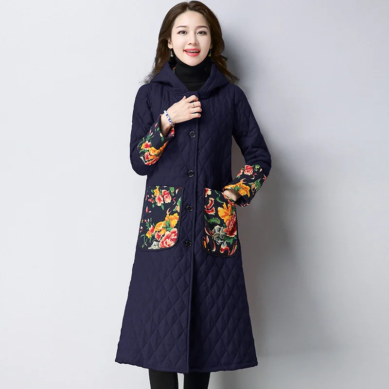 

Autumn winter women new national style large size single-breasted quilted padded warm Cotton clothing Hooded coat female y33