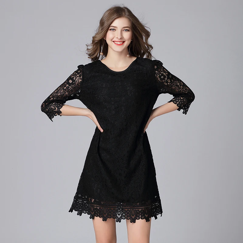 Женское винтажное кружевное платье с рукавами три четверти черное Повседневное