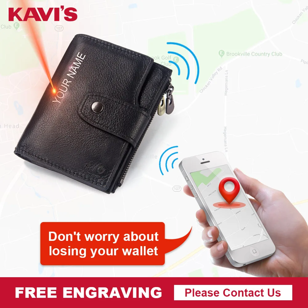 KAVIS rfid смарт-кошелек из натуральной кожи с сигнализацией gps карта Bluetooth черный мужской кошелек высокого качества дизайнерские кошельки гравировка