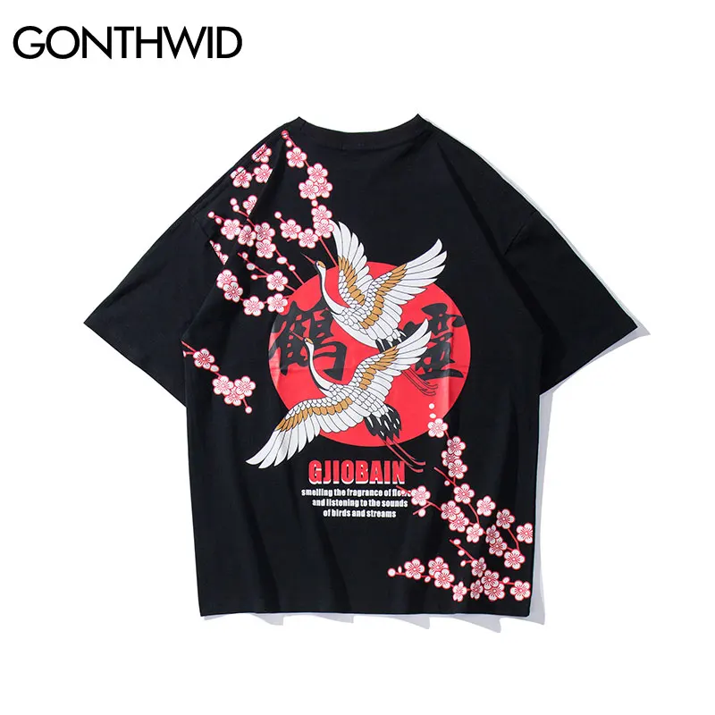 GONTHWID китайский журавль Цветочный Принт футболки Harajuku Хип Хоп Повседневная Уличная футболки топы хипстер короткий рукав футболки для мужчин