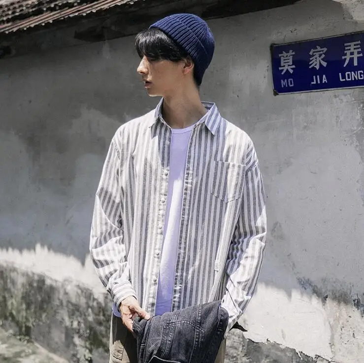 Japanese menswear 2021 tide Autumn new shirt male lapel loose striped jacket Men Fashion long-sleeved Cotton shirts M-XXL | Мужская