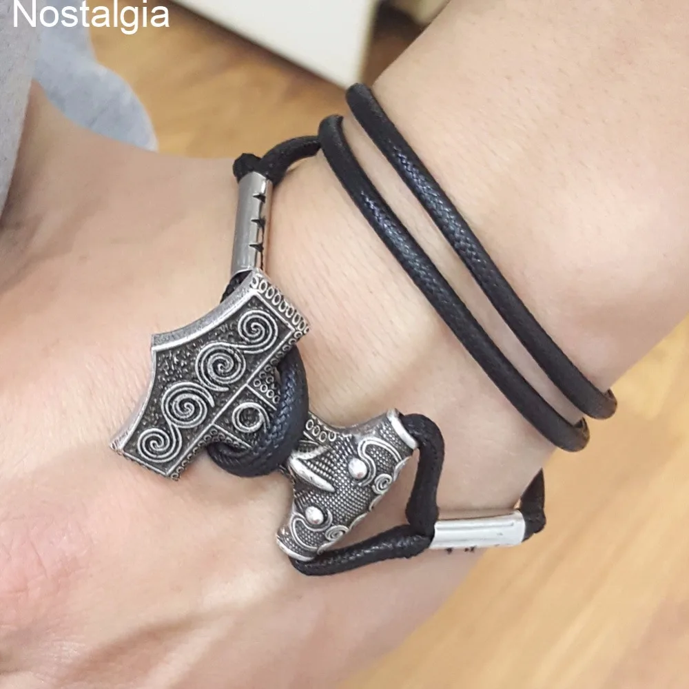 Ностальгия Thor Hammer Raven Amulet Viking Tribal Jewelry Регулируемый Черный Кожаный Браслет