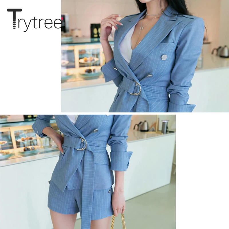 Комплект из двух предметов Trytree Женский повседневный жакет в полоску с синим