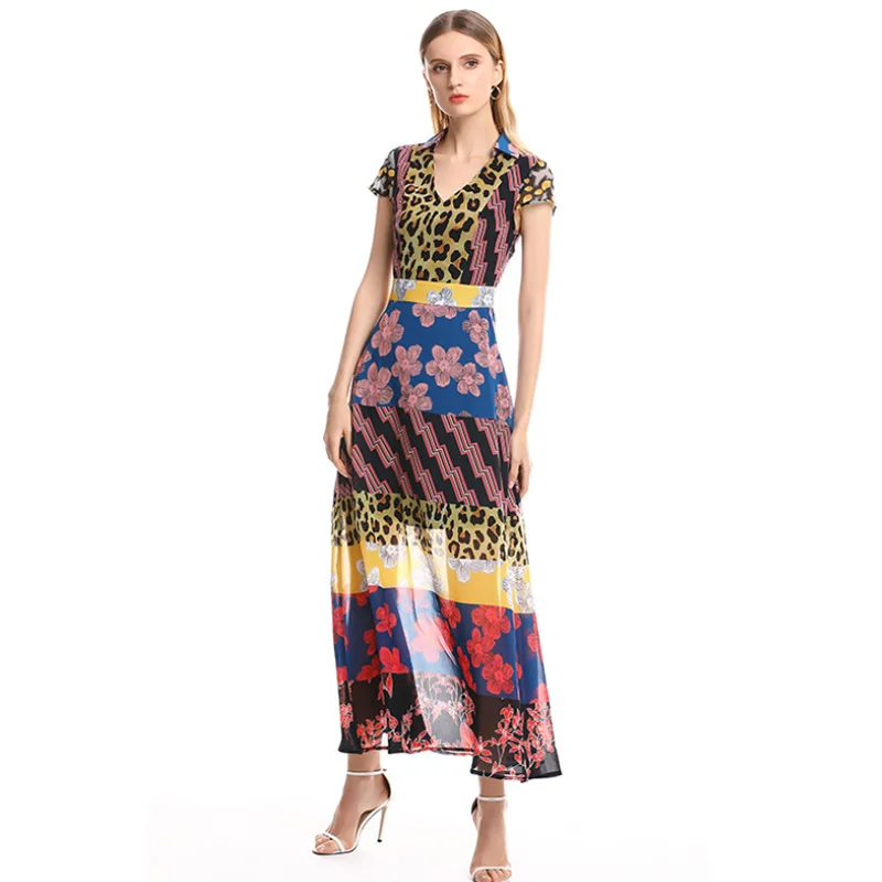

High Quality New Designer Women's Fashion Dress Amazing Runway Elegant Spaghetti Black Ladies Short Sleeve Splice Summer Dresses