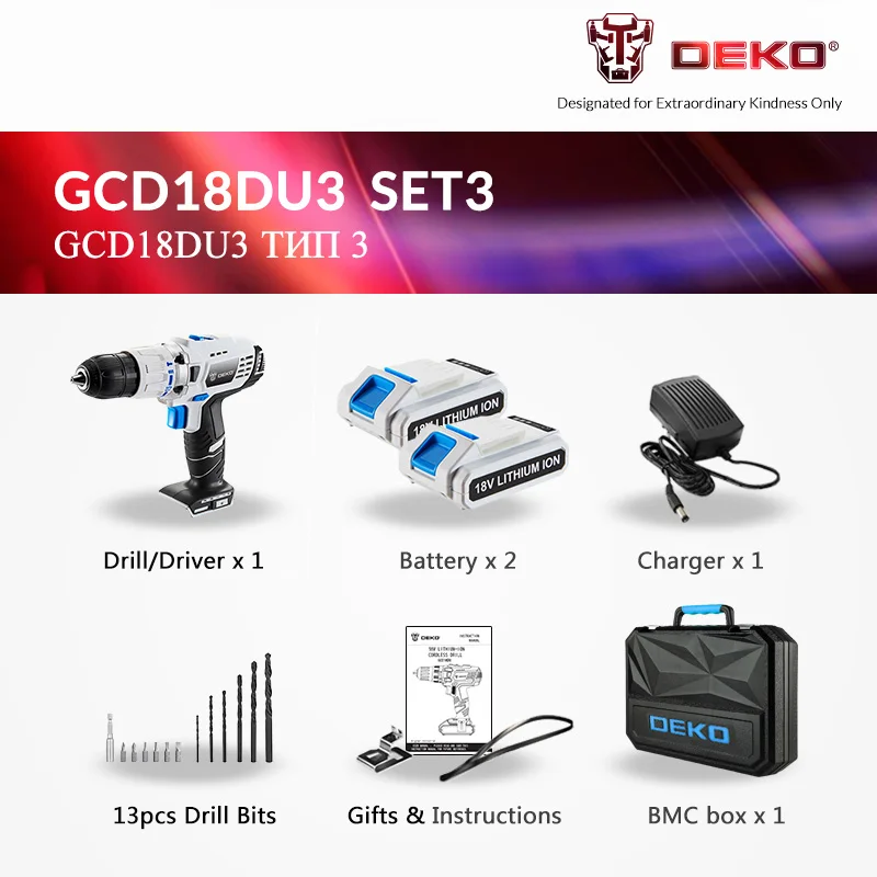 SET 3 DEKO GCD18DU3 электрическая Ударная дрель Мощность Драйвер 18 вольт постоянного тока литий-ионный Батарея Электрическая отвертка аккумуляторная дрель 13 мм 50N. m 2-Скорость - Цвет: SET 3