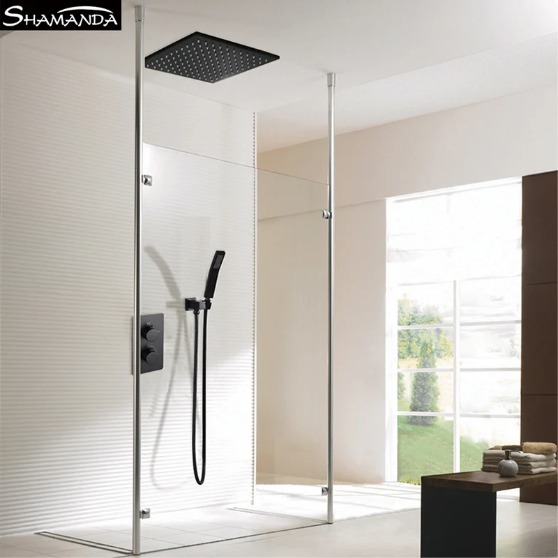 Brass Wall Mounted Black Thermostatic Shower Set Faucets Ceiling/Wall Arm Handheld With 8/10/12/16 Inch Rain Head | Обустройство дома