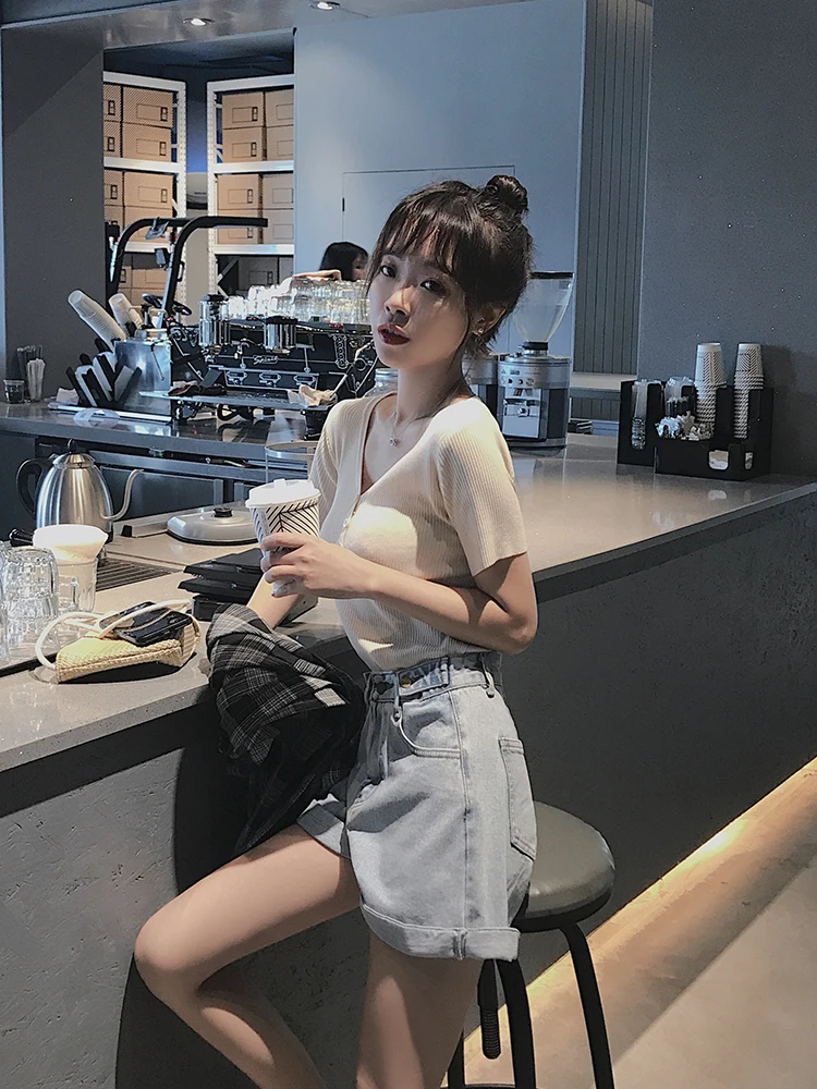 Бутон со льдом шелк вязать женский v-образным вырезом с коротким рукавом летняя