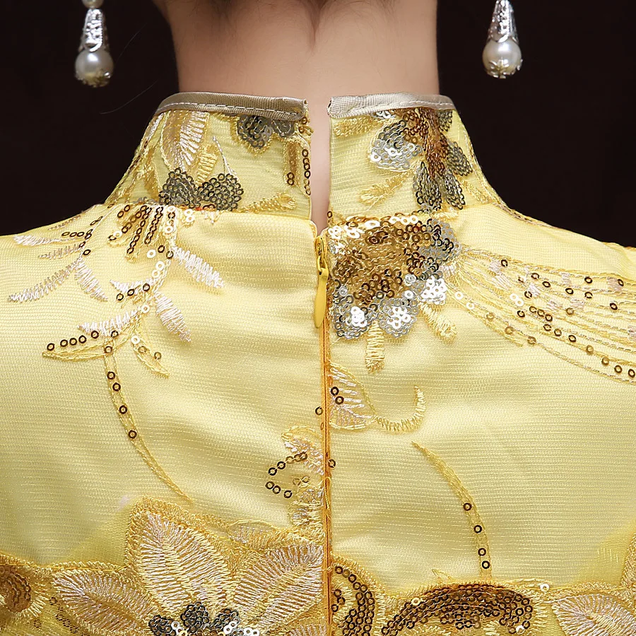 2018 летнее желтое традиционное китайское платье женское атласное длинное с